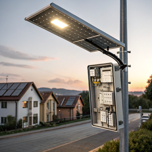Solar street light with open battery compartment