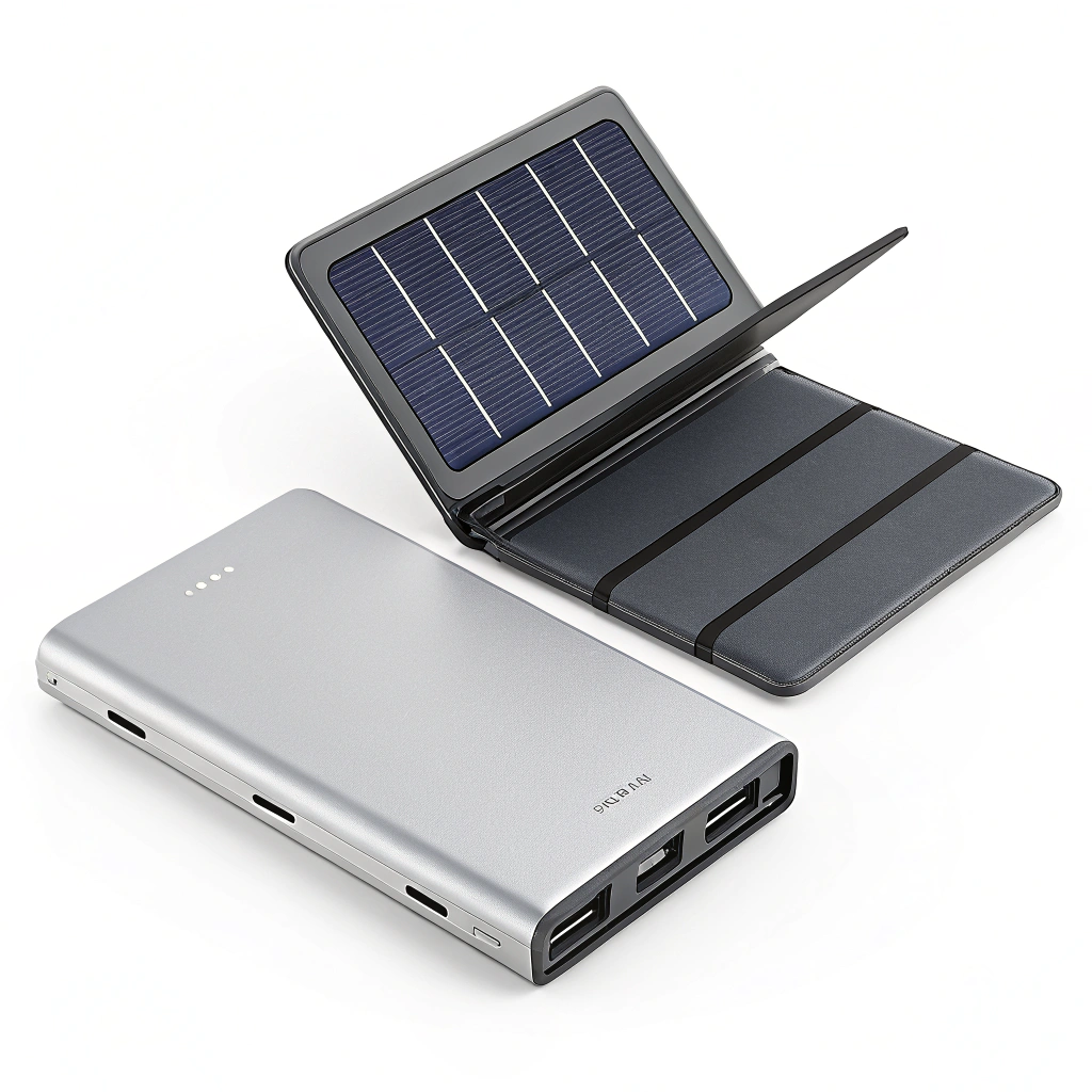 Folding solar panel opened flat showing its solar cells