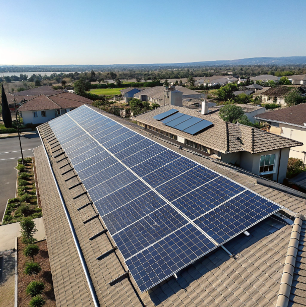 Solar panels in a large installation with blue skies