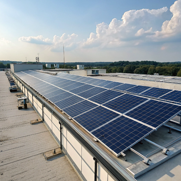 Solar panels under a bright blue sky