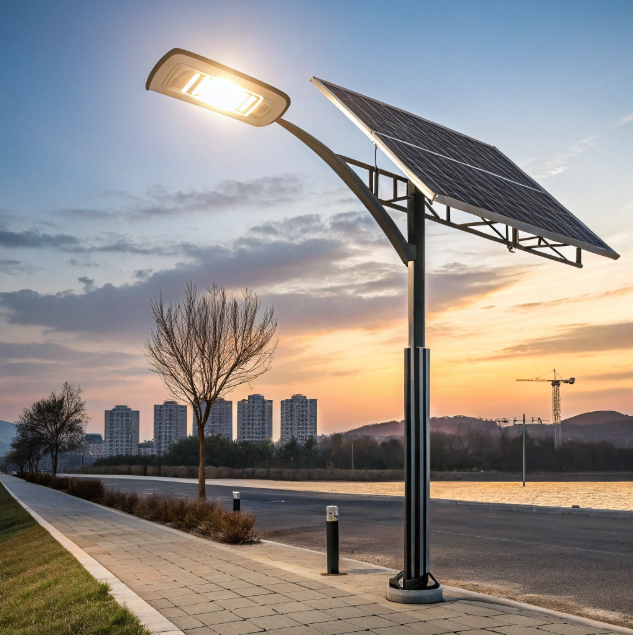 Government-certified solar street lighting installation in a modern urban setting