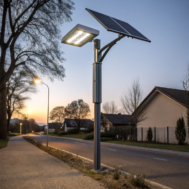 A modern solar street light installation in a urban setting