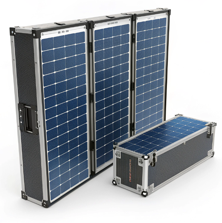 A foldable solar panel set up in a mountainous landscape, charging multiple devices