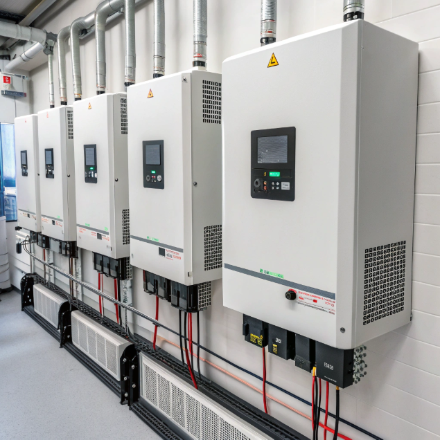 A photovoltaic array with an inverter unit highlighted